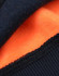 A close-up of a two-tone safety hoodie featuring navy blue and bright orange fabric. The garment has a logo.