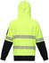 A safety hoodie in high-visibility yellow with black sleeves and segmented reflective tapes. It features a hood.