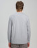 A grey long-sleeve tee shirt, featuring a simple design and a logo on the back.