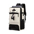 A convertible backpack to duffel bag in cream and black, featuring multiple pockets and a sturdy design.