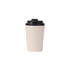 A powder-coated stainless steel coffee mug in cream with a black lid. It features a logo on the surface.