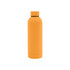 A drink bottle with a rubber-coated exterior, featuring a sleek design in bright orange. It has a logo on the surface.