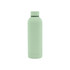 A drink bottle in a soft mint green colour with a rubber-coated finish and a double wall design. Features a logo.