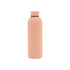 A drink bottle with a rubber-coated finish, featuring a sleek design in a soft pink shade and a branded logo.