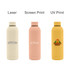 A drink bottle collection featuring a cream, pink, and yellow rubber-coated double wall design, each with a logo.