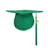 A green mortarboard graduation cap with a tassel featuring the year 2025 and a logo.