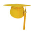 A yellow mortarboard graduation cap with a tassel featuring the year 2026 and a logo.