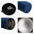 A drink bottle featuring a navy blue exterior, stainless steel interior, and a black lid with a logo.