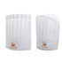 Two disposable non-woven chef hats in white, featuring a logo in orange, designed for kitchen use.