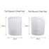 Two disposable non-woven chef hats, one tall square and one tall round, both in white, each measuring 29cm.