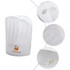 A white disposable non-woven chef hat with pleated design and a logo at the front.