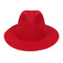 A red wide brim fedora hat with a smooth finish and a subtly rounded crown, featuring a logo.