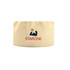A cream chef skull cap featuring a logo in navy blue and orange.