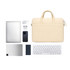 A beige laptop bag with a buffer pad, accompanied by a laptop, phone, keyboard, and other accessories.