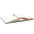 An open black diary with white pages and a red and blue ribbon bookmark.