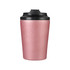 A drink bottle in a rose gold finish with a black lid and a logo on the side.