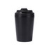 A stainless steel coffee mug in matte black with a screw-on lid and a logo. Perfect for on-the-go beverages.