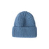 A blue twisted cable cuffed beanie with a ribbed texture and a fold at the bottom. It features a logo on the side.