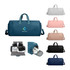 A convertible duffel bag in various colours, including teal, grey, pink, and black, featuring a logo and interior compartment.