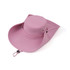 A wide brim sun hat in a soft pink colour with a round crown and adjustable drawstring. It includes a logo.