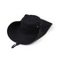 A black wide brim sun hat featuring a round crown and adjustable chin strap. It has ventilation eyelets on the sides.