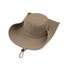 A wide brim sun hat in beige with a round crown and adjustable chin strap. Features ventilation holes on the sides.