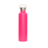 A drink bottle in vibrant pink with a stainless steel lid and a handle. It features a logo.