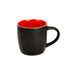 A coffee mug with a black exterior and vibrant red interior, featuring a handle and a smooth finish.