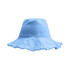 A light blue bucket hat with a raw edge design. It features a simple, unbranded appearance.
