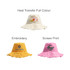 A collection of three Raw Edge Bucket Hats in cream, yellow, and pink, each with different decorative styles and logos.
