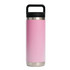 A drink bottle in a gradient pink design with a black lid and handle, featuring a logo on the body.