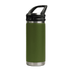A drink bottle in olive green with a stainless steel base and a black sipper handle lid. It features a logo.