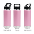 A drink bottle in pink with three lid options: straw handle, Tritan, and sipper handle. Features a logo.