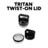 A drink bottle featuring a Tritan twist-on lid in black with a handle and a clear base. Includes interchangeable lid options.