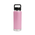 A drink bottle in pink with a stainless steel base and a black Tritan lid, featuring a handle.