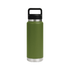 A drink bottle in olive green with a stainless steel base and a black Tritan lid. It features a handy carrying handle.