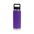 A drink bottle in purple with a stainless steel base and a black Tritan lid, featuring a sturdy handle.