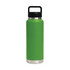 A drink bottle in vibrant green with a stainless steel base and a black Tritan lid, featuring a sturdy handle.