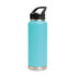 A drink bottle in a light blue finish with a stainless steel base and a black sipper handle lid.