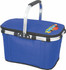A blue cooler bag with a handle, featuring a logo and a zippered lid. Designed for transporting food and drinks.