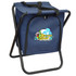 A navy blue cooler seat with a black handle, featuring a logo on the front. The seat has a sturdy metal frame.
