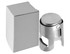 A stainless steel drink bottle stopper next to a square box, both in a sleek, silver finish.