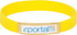 A yellow silicone wristband featuring a rectangular gold plaque with a logo.