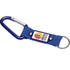 A blue keyring with a carabiner clip and a fabric strap featuring a logo.
