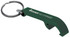 A drink bottle opener keyring in green, featuring a keyring attachment and a logo.