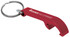 A drink bottle opener keyring in red, featuring a sleek design and a logo on the side.