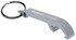 A drink bottle opener keyring in silver with a keyring attachment and a branding logo.