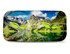 A full-colour sunshade featuring a vibrant mountain and lake landscape, with green details and a logo.