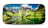 A full-colour sunshade featuring a scenic mountain and lake landscape with green leaf branding.