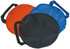 A set of three round sunshades in orange, blue, and black, each featuring a handle for easy carrying.